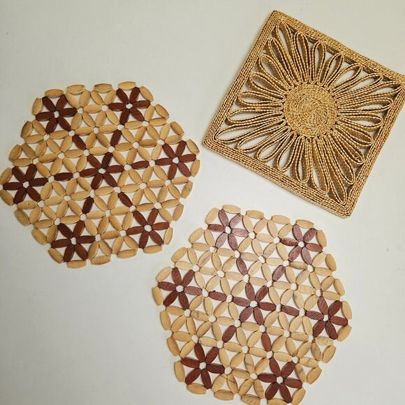 Set of Boho‎ Trivets Pot Holders Bamboo Beaded Wicker 3pc - Picture 3 of 5